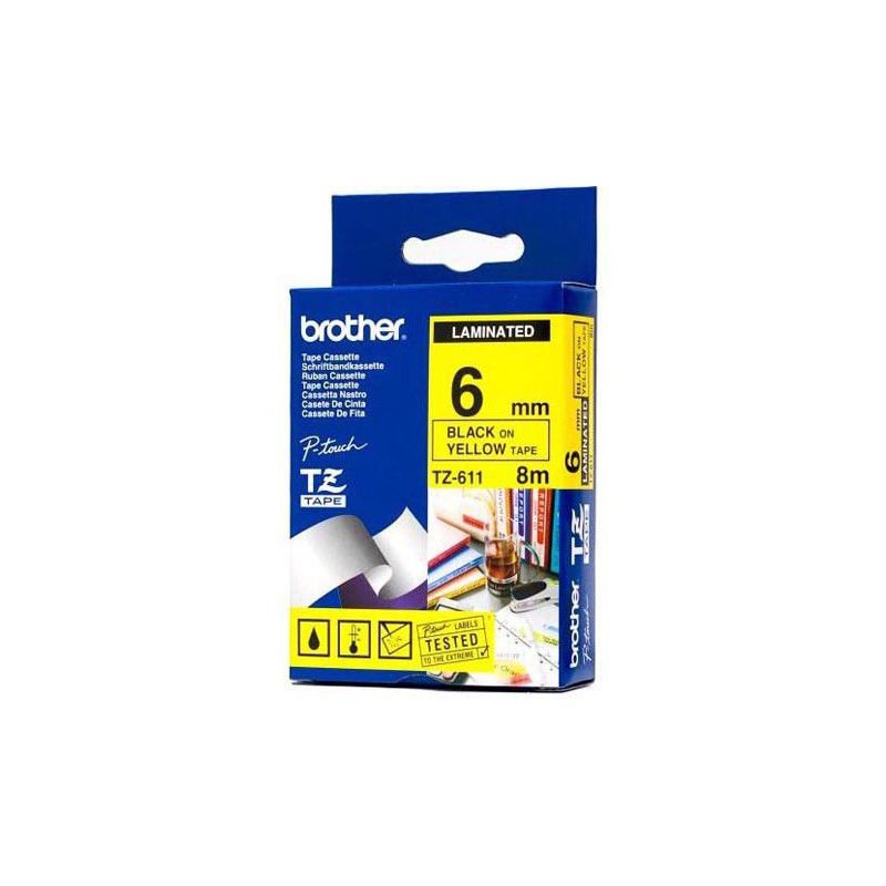 CINTA BROTHER ORIG.TZ611/E AMARILLO/NEGRO  6MM