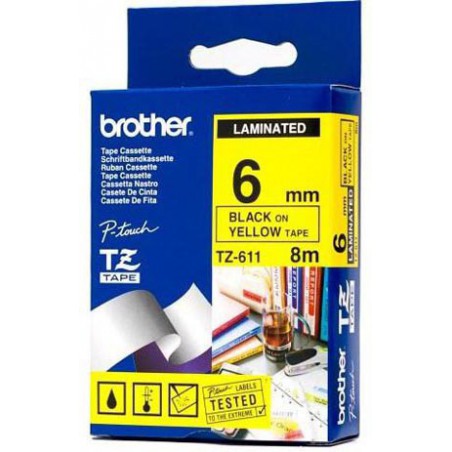 CINTA BROTHER ORIG.TZ611/E AMARILLO/NEGRO  6MM