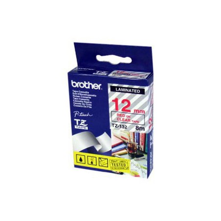 CINTA BROTHER ORIG.TZ132/E TRANSPAR./ROJO  12MM
