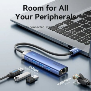 HUB VENTION  USB 3.0 3XUSB 1XRJ45 1XUSB TIPO-C PD TGFSB AZUL