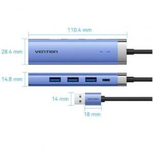 HUB VENTION  USB 3.0 3XUSB 1XRJ45 1XUSB TIPO-C PD TGFSB AZUL