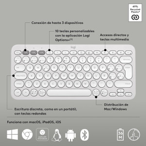 TECLADO LOGITECH PEBBLE KEYS K380S BLUETOOTH BLANCO 
